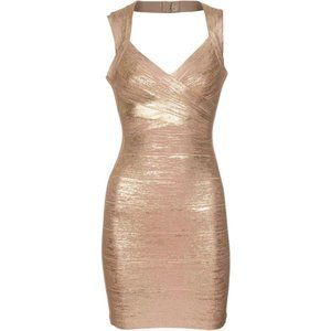 Herve Leger Champagne/Gold Bandage Dress Small